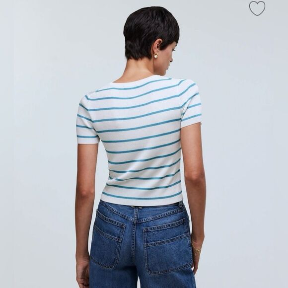 Madewell Cropped Crewneck Sweater Tee Ribbed Striped Blue white sz small NWOT - Picture 4 of 13